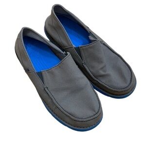 CROCS Gray Slip-On Canvas Loafers with Blue Accents